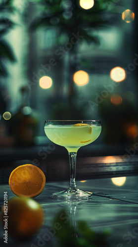 Beautiful, sleek cocktail, studio lighting, in a dark luxury green restaurant environment, purified, close shot photo