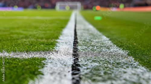 Close-up shot of a soccer field's white boundary line, with the blurred background of the field and goal posts creating a focused, in-game perspective. © RISHAD