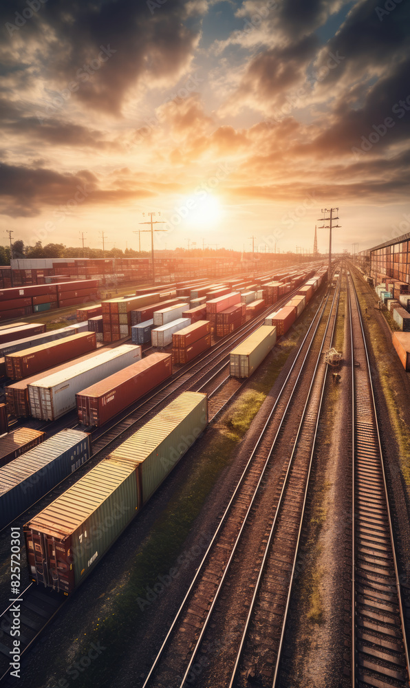 Fototapeta premium generated illustration of background container Freight Train in Station, Cargo railway transportation industry