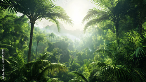 Lush, sunlit jungle scene with dense green foliage and tall palm trees, capturing the beauty and tranquility of a tropical rainforest.