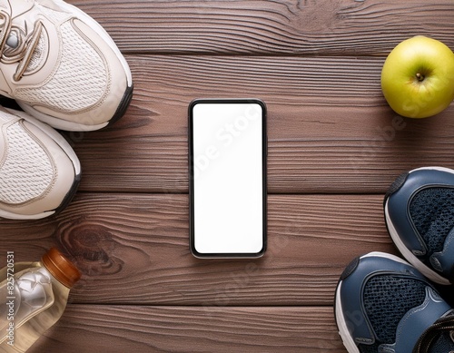 Smartphone with white screen and sneekers on wooden background photo