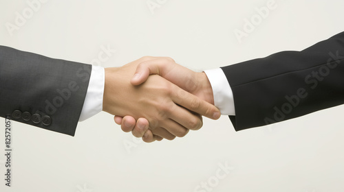 Two individuals in formal suits shaking hands, symbolizing agreement, partnership, or mutual understanding.