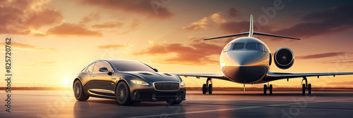 generated illustration of luxury car and charter liner plane in the golden sunset light photo