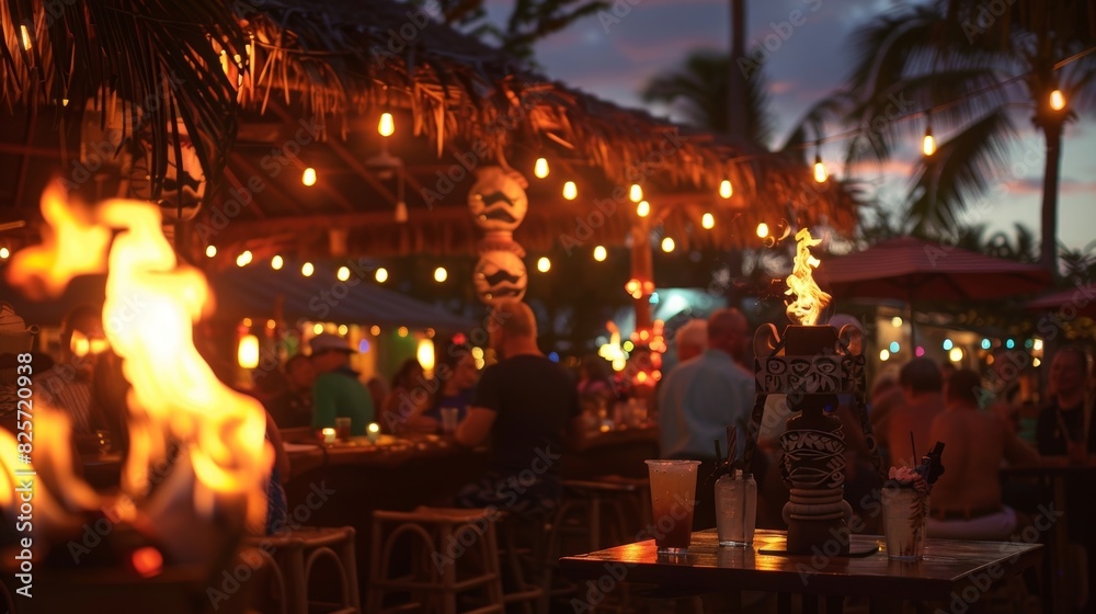 As the sun sets a tiki bar comes to life with the glow of tiki torches and the laughter of happy patrons.