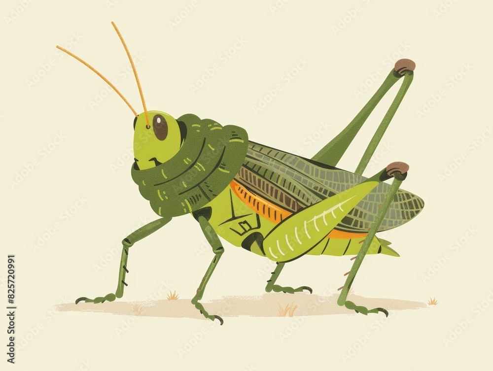 A detailed illustration of a green grasshopper with long legs and antennae, set against a beige background. A detailed illustration of a green grasshopper with long legs and antennae, set against a beige background.