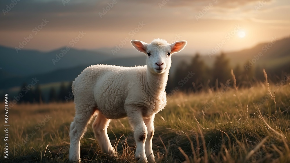 Cute baby lamb standing on a grassy hill in the meadow at sunset, Lamb of Sacrifice Cute baby lamb standing on a grassy hill in the meadow at sunset, Lamb of Sacrifice