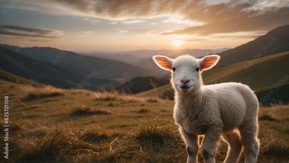 Cute baby lamb standing on a grassy hill in the meadow at sunset, Lamb of Sacrifice