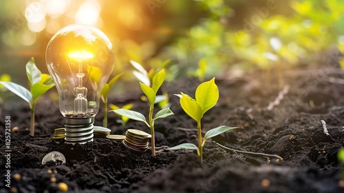 Light bulb is located on soil plants grow on stacked coins Renewable energy generation is essential for the future Renewable energybased green business can limit climate change and glo : Generative AI photo