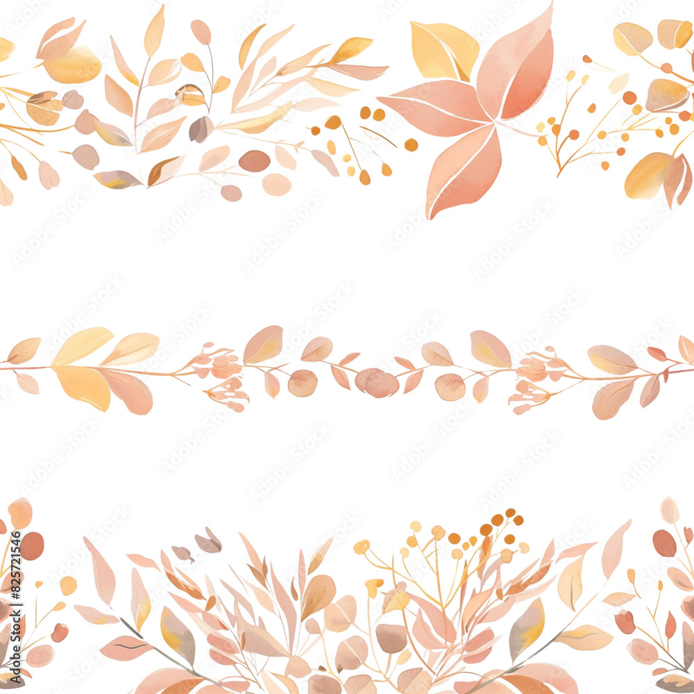 Obraz premium Watercolor Foliage Seamless Borders Clipart Set Peach Yellow Gold Tones on Transparent