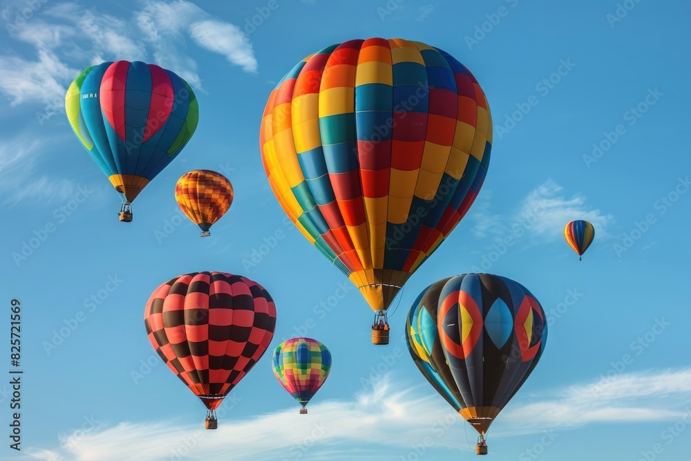 Fototapeta premium A cluster of colorful hot air balloons drifting lazily across the sky, their vibrant hues a celebration of freedom.