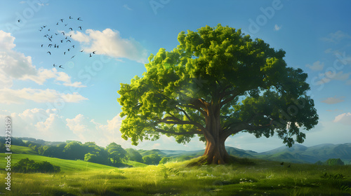 Majestic Oak Tree Standing Proud in a Serene Meadow Under a Vast Blue Sky, Epitomizing Tranquil Natural Beauty and Timeless Peacefulness © Manuel