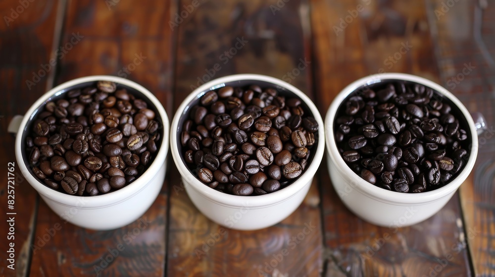 Each cup boasts a different shade from light tan to dark brown showcasing the range of flavors and roasts from exotic islands. Each cup boasts a different shade from light tan to dark brown showcasing the range of flavors and roasts from exotic islands.