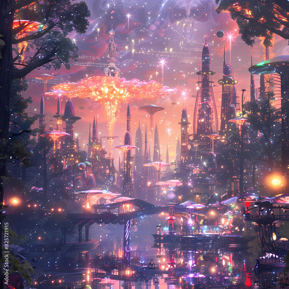 Obraz premium Vibrant Fairytale Village: Graphic background for decorating works, mobile screens, or as a background image.