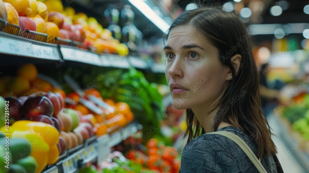 Woman inspecting fresh produce at an organic market Woman inspecting fresh produce at an organic market