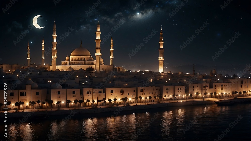A panoramic view of Islamic mosque at night with a starry sky.