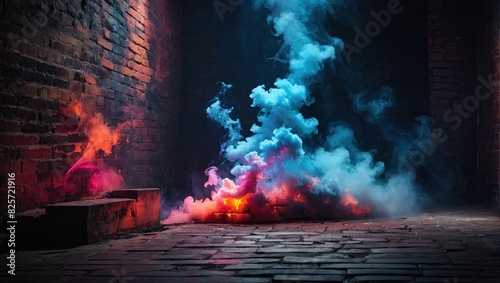  A brick wall with smoke coming out of it and a brick wall with a brick wall behind it. Empty dark background with smoke, abstract background with glowing lines. 