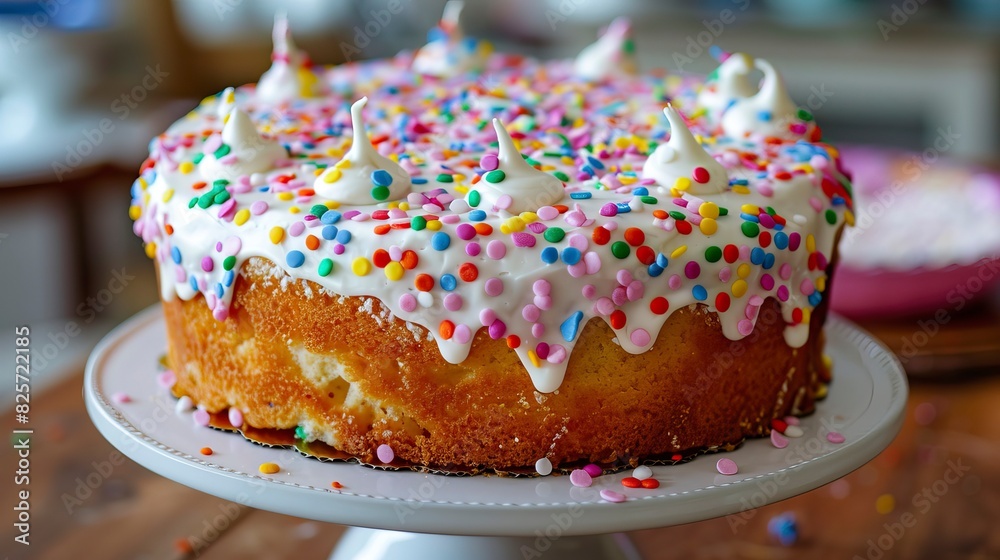 Celebratory birthday cake with lots of icing and decorations Celebratory birthday cake with lots of icing and decorations