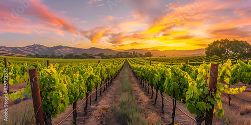  Vineyard at Sunset with Vibrant Sky   Serene Wine Country Landscape 