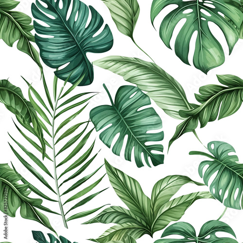 Watercolor Style Seamless Rich Tropical Leaves Pattern on Transparent Background