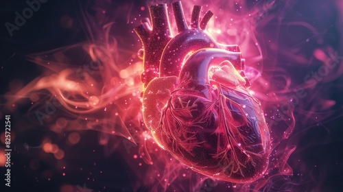 Digital illustration of a glowing human heart with vibrant colors and abstract background symbolizing health  vitality and life.