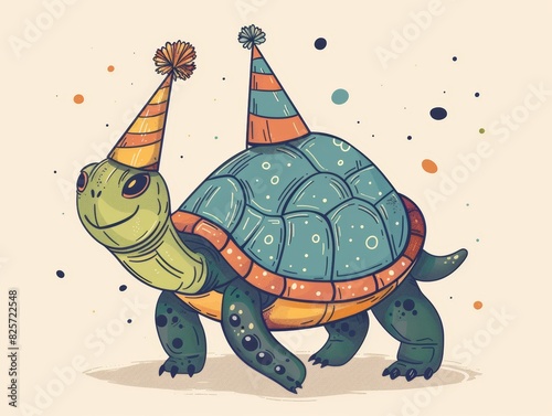 A smiling turtle wearing a party hat and confetti in the background.  vector photo