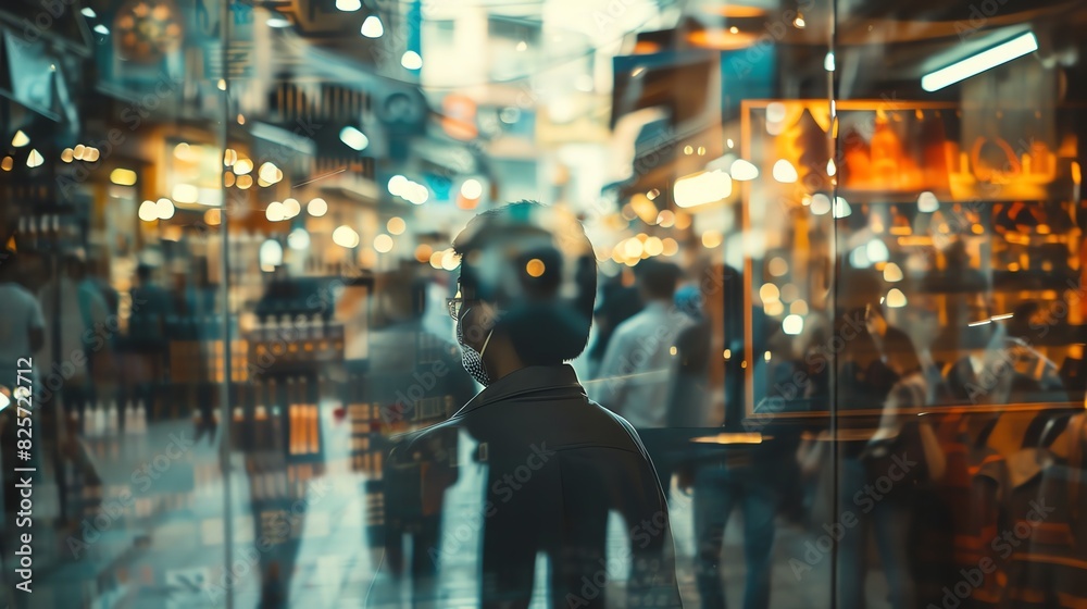 Crowded market street close up, focus on, copy space dynamic tones, Double exposure silhouette with bustling shoppers Crowded market street close up, focus on, copy space dynamic tones, Double exposure silhouette with bustling shoppers