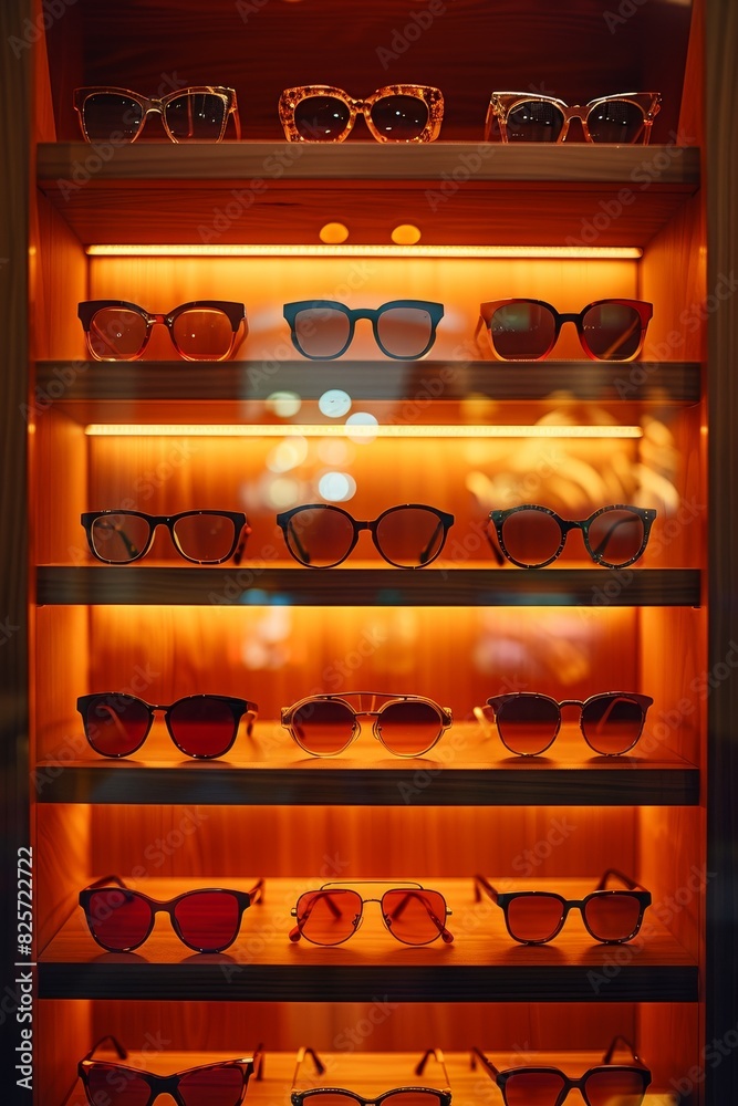 A elegant eyeglasses displayed on illuminated shelves in a chic optical boutique 