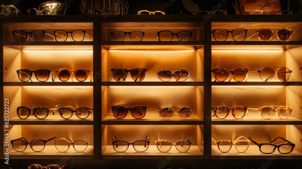 A elegant eyeglasses displayed on illuminated shelves in a chic optical boutique 