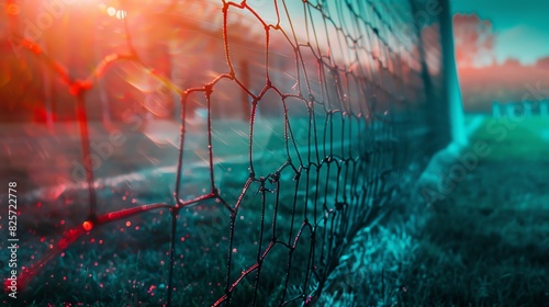 Football field with goal net close up, focus on, copy space bright shades, Double exposure silhouette with goalkeeper photo