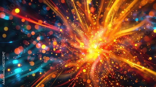 A burst of amber brilliance set against a backdrop alive with neon lights and a mix of captivating colors, capturing a moment of pure visual delight.