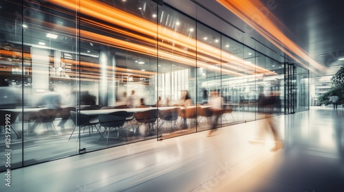 Long exposure shot of meeting room interior with blurred people in motion in modern office