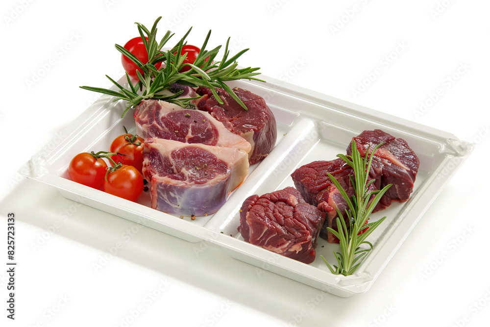 Meat and poultry in biodegradable packaging.