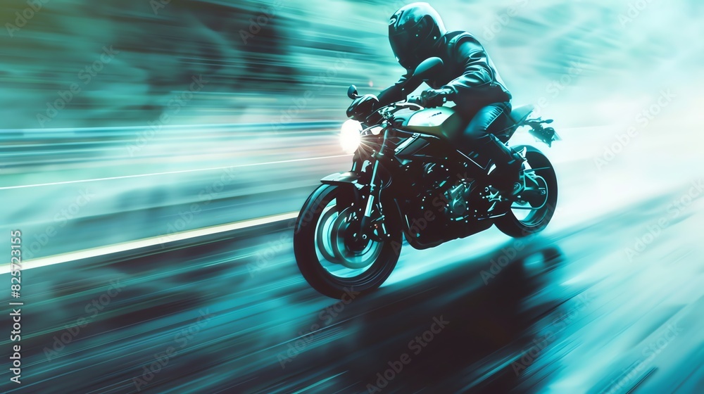 Pastel blue motorcycle in motion close up, focus on, copy space dynamic hues, Double exposure silhouette with speed lines