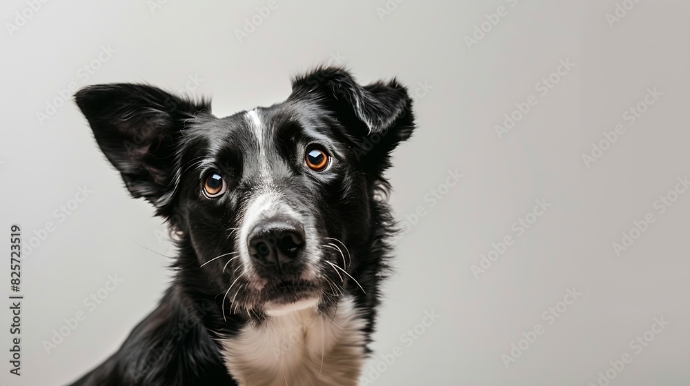 studio headshot portrait of black and white dog tilting head looking forward against a light gray background : Generative AI studio headshot portrait of black and white dog tilting head looking forward against a light gray background : Generative AI