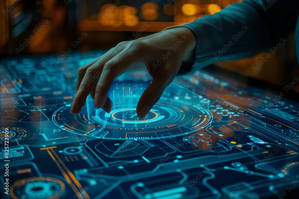 Naklejka premium A close up of a public relations specialist crafting a strategic communication plan on a sleek touchscreen interface, with a hitech hologram concept enhancing the presentation