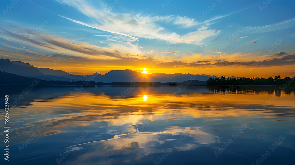 Tranquil Sunrise Over Serene Lakeside Reflecting Golden Morning Light, Symbolizing New Beginnings and Fresh Starts