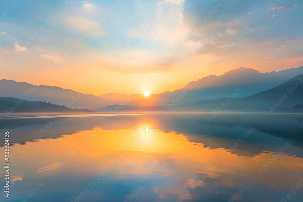 Tranquil Sunrise Over Serene Lakeside Reflecting Golden Morning Light, Symbolizing New Beginnings and Fresh Starts