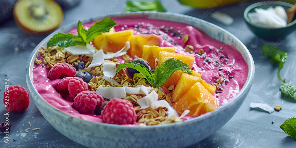 Healthy Smoothie Bowl with Fresh Fruits, Nutritious Breakfast Option, Healthy lifestyle choice, close-up on fresh smoothie bowls, vibrant fruits and nuts topping Healthy Smoothie Bowl with Fresh Fruits, Nutritious Breakfast Option, Healthy lifestyle choice, close-up on fresh smoothie bowls, vibrant fruits and nuts topping