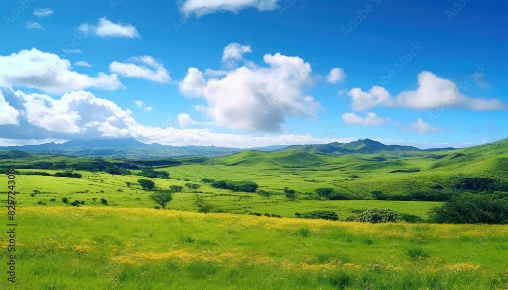 A stunning spring day landscaping views of fertile land surrounded beautiful green vegetation, wide stretches of hills and mountains with clear skies in spring