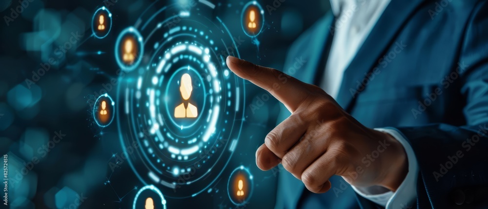 Fototapeta premium A closeup of a businessman pointing at a customer retention icon