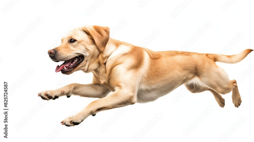 Flying Little Labrador Retriever playing isolated on white studio background Young doggy pet looks playful cheerful sincere kindly Concept of motion action pets love dynamic Copyspace : Generative AI