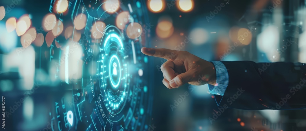 A closeup of a businessman pointing at an innovation icon A closeup of a businessman pointing at an innovation icon