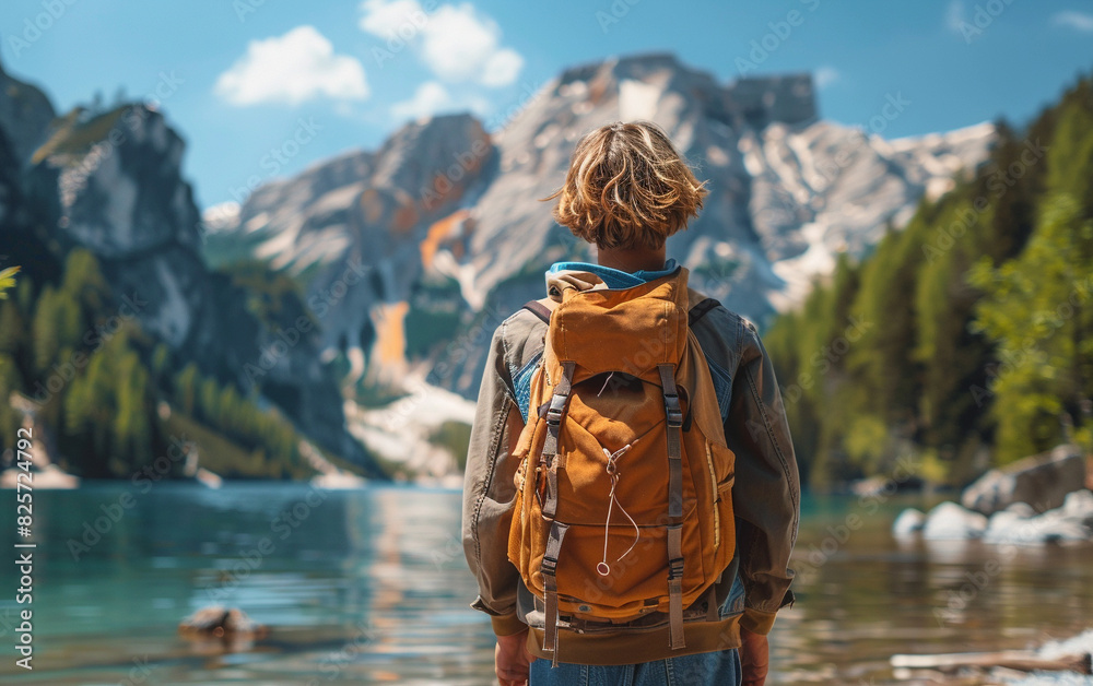 A hiker with a backpack explores a serene mountain lake surrounded by stunning scenery on a clear, sunny day. A hiker with a backpack explores a serene mountain lake surrounded by stunning scenery on a clear, sunny day.