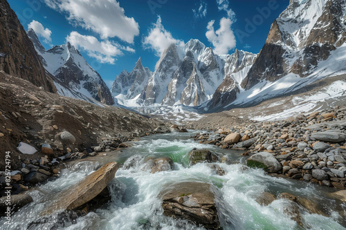 Clear glacial meltwater stream flowing over rocks with snowy mountains. photo