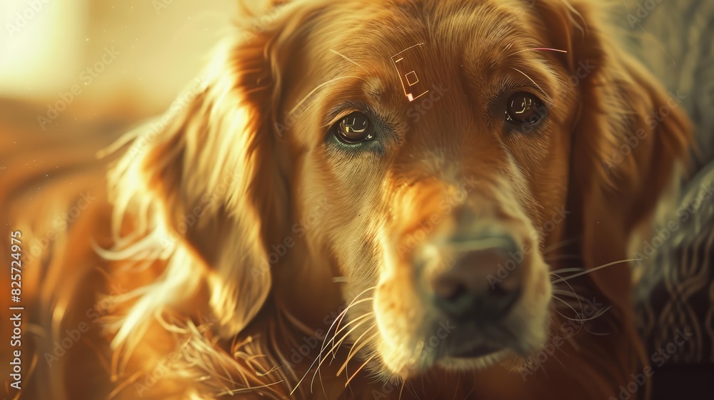A closeup of a golden retrievers face, with a blurry technology background, highlights its intelligent eyes, adding a hitech HUD hologram concept that enhances the scene