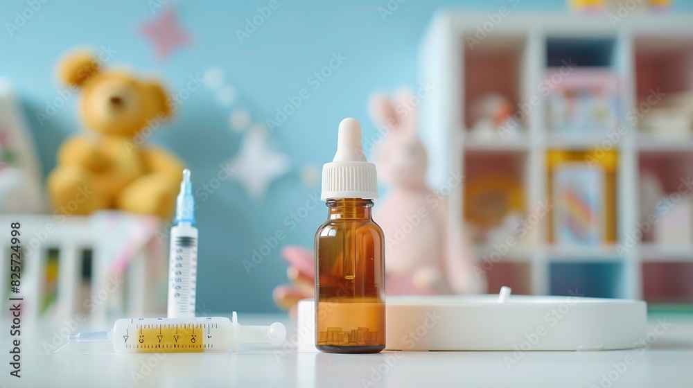 Flue medicine bottles and a thermometer on white table in a child baby room : Generative AI Flue medicine bottles and a thermometer on white table in a child baby room : Generative AI
