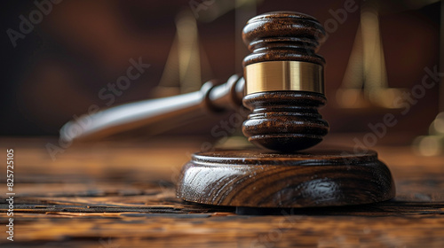 Close-up of a judge's gavel resting on a wooden table, symbolizing justice, law, and order in a courtroom setting.