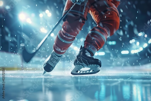A closeup of a hockey player skating swiftly across the ice