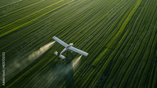 Aerial view of agricultural plane spraying pesticides over green plantation field photo