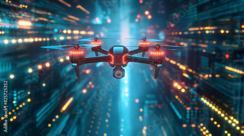 futuristic drone with glowing lights flying over an abstract digital background. The camera is pointed at us, science fiction for technology and video and aerial photography photo